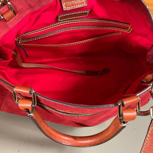 Dooney & Bourke Suede Zip Satchel Crossbody Bag Red Double Handle Pockets Footed - Picture 7 of 11